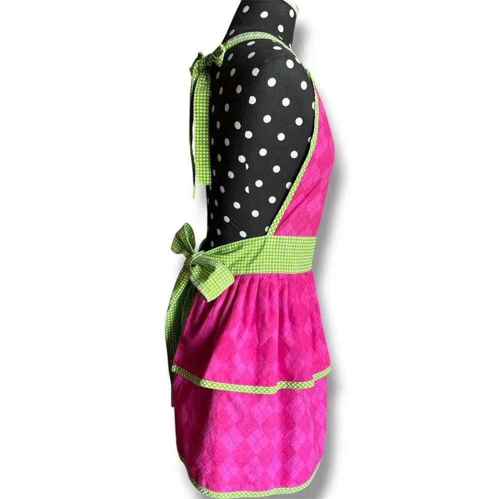Design Golf Princess Pink Argyle Cotton Apron Green Polka Dot Ruffle Embroidered
